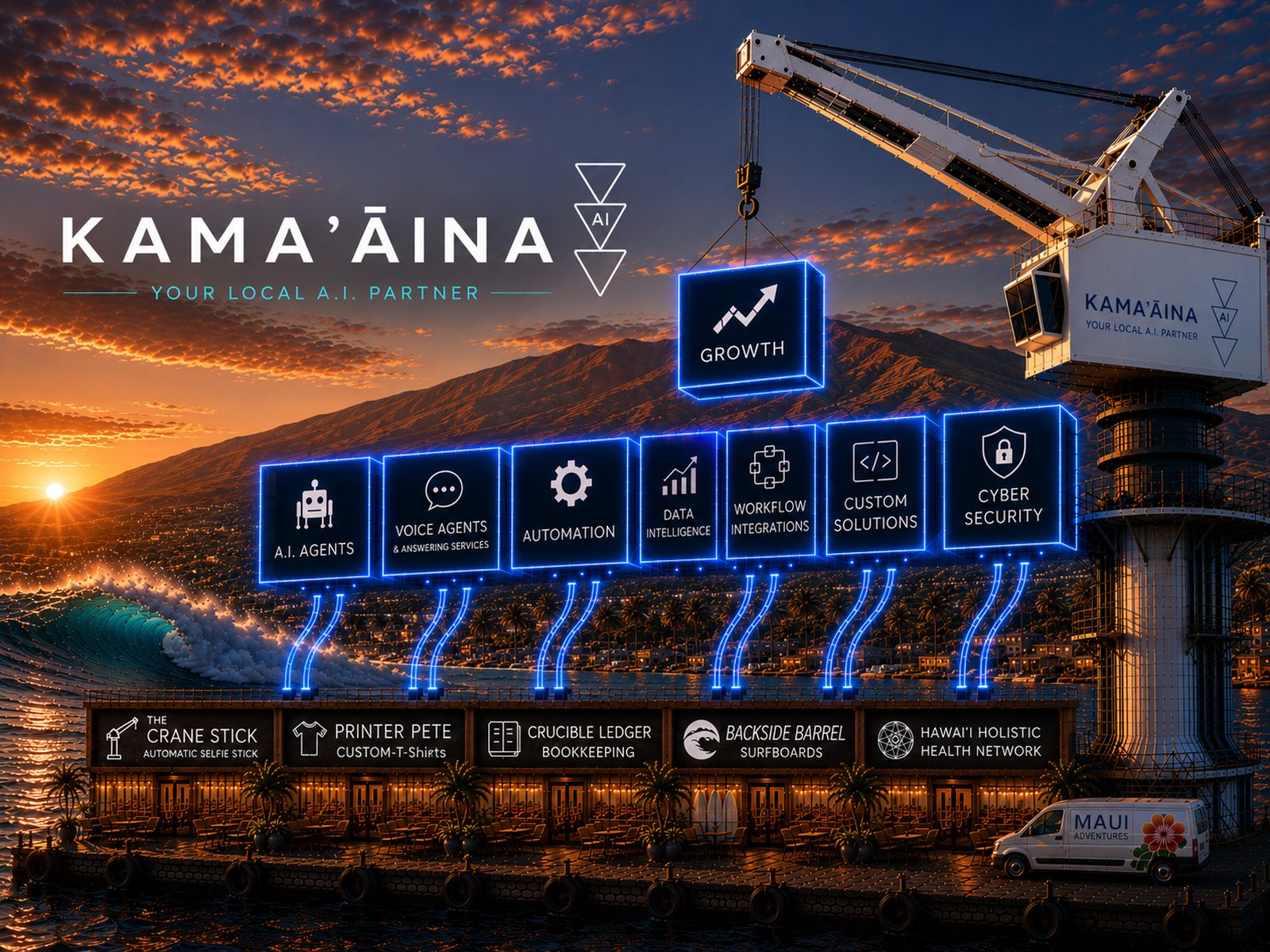 Kama'āina AI service stack illustrated as shipping containers lifted by a crane over a Maui harbor at sunset — AI agents, voice agents, automation, data intelligence, workflow integrations, custom solutions, and cyber security lifting local businesses toward growth.